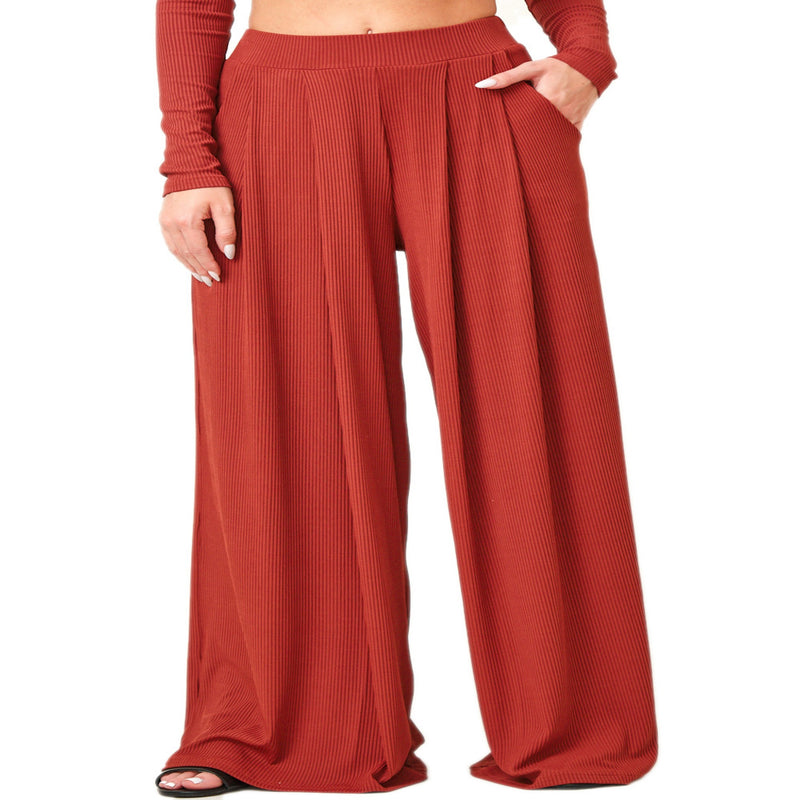 Solid Rib Wide Leg Pants