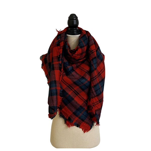 Navy and Red Plaid Blanket Scarf