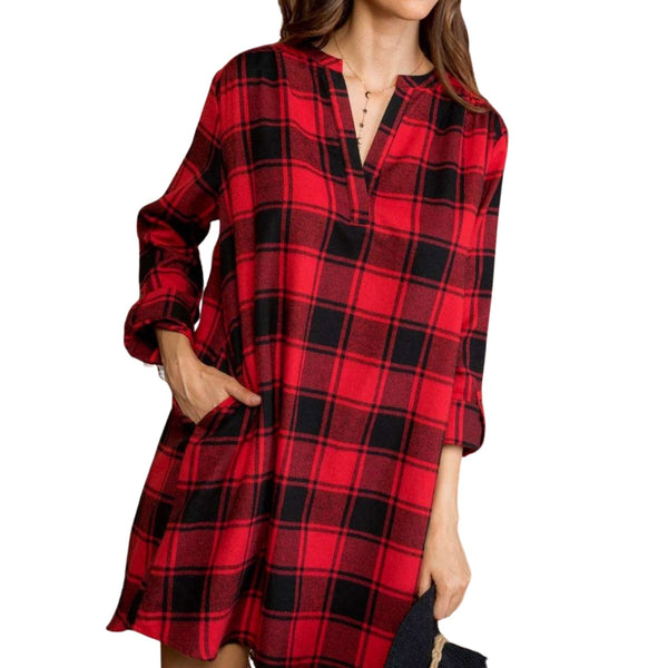 Long Sleeve Pleats Plaid Print Dress