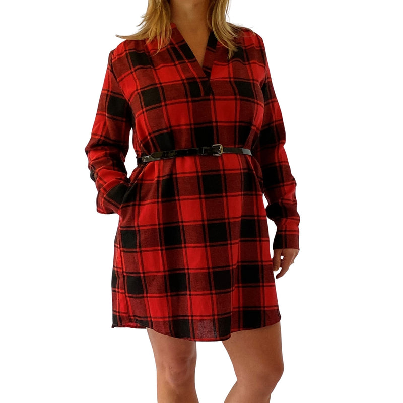 Long Sleeve Pleats Plaid Print Dress